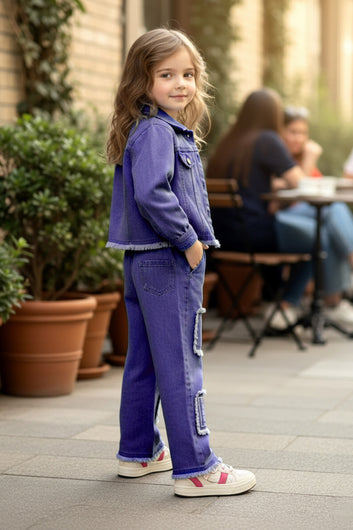 Girls Dark Blue Denim T-Shirt, Pant And Jacket Set