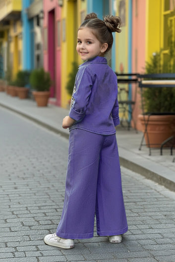 Girls Dark Blue Denim Printed Shirt And Palazzo Pant Set
