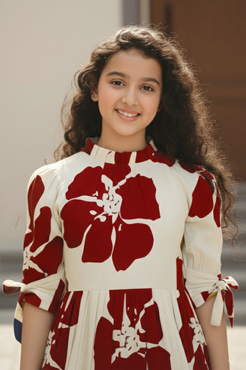 Girl's Red Rayon Floral Printed Midi Dress