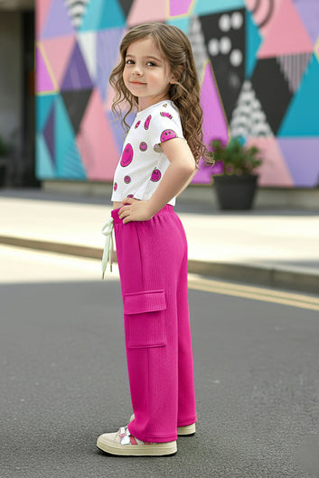 Girls Pink Rib Smile Printed Top And Pant Set