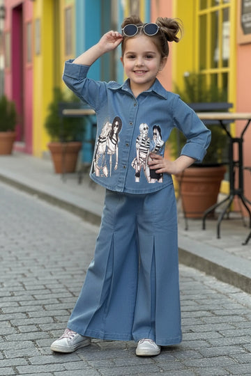 Girls Light Blue Denim Printed Shirt And Palazzo Pant Set