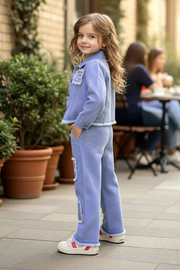 Girls Light Blue Denim T-Shirt, Pant And Jacket Set