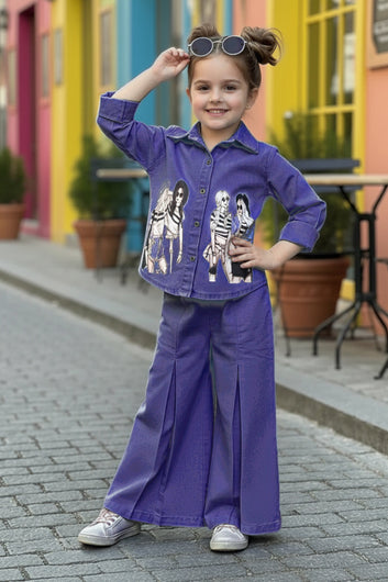 Girls Dark Blue Denim Printed Shirt And Palazzo Pant Set