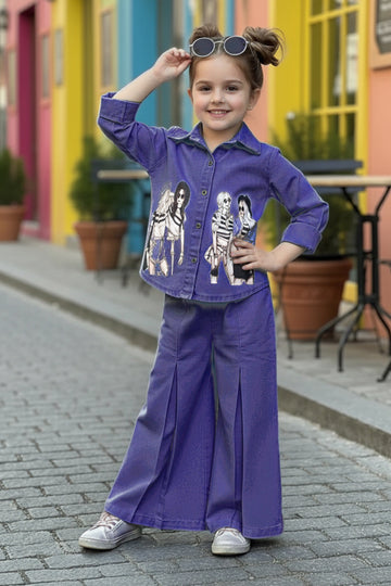 Girls Dark Blue Denim Printed Shirt And Palazzo Pant Set