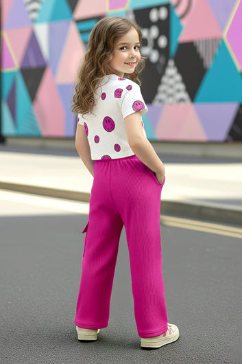 Girls Pink Rib Smile Printed Top And Pant Set