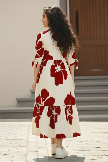 Girl's Red Rayon Floral Printed Midi Dress