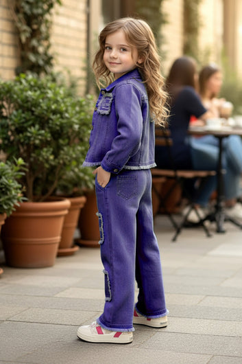 Girls Dark Blue Denim T-Shirt, Pant And Jacket Set