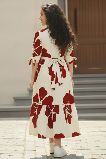 Girl's Red Rayon Floral Printed Midi Dress