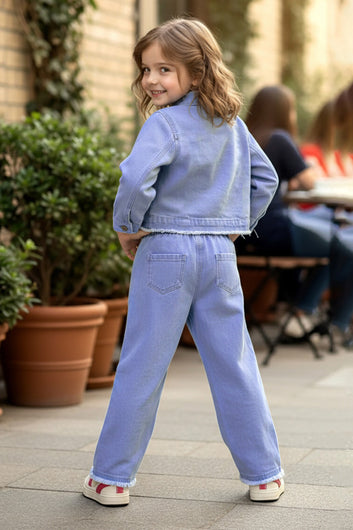 Girls Light Blue Denim T-Shirt, Pant And Jacket Set