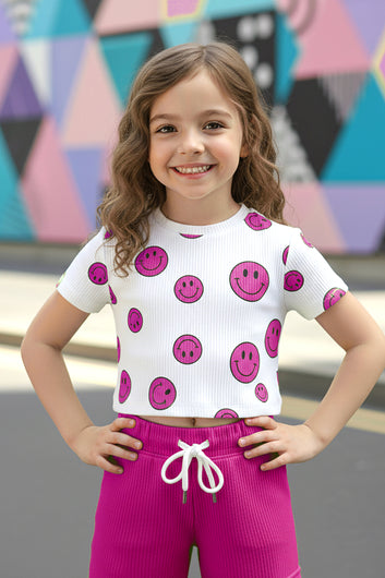 Girls Pink Rib Smile Printed Top And Pant Set