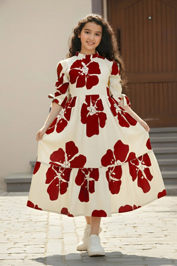 Girl's Red Rayon Floral Printed Midi Dress