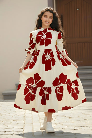 Girl's Red Rayon Floral Printed Midi Dress