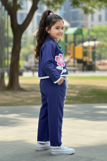 Girls Dark Blue Denim Shirt And Pant Set