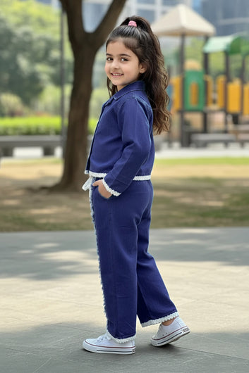 Girls Dark Blue Denim Shirt And Pant Set