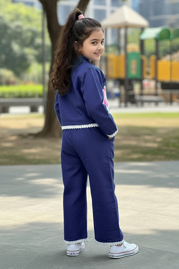 Girls Dark Blue Denim Shirt And Pant Set
