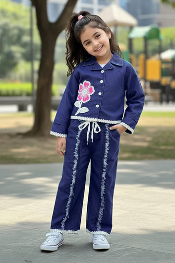 Girls Dark Blue Denim Shirt And Pant Set