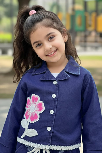 Girls Dark Blue Denim Shirt And Pant Set