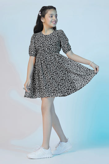 Girls Black Georgette Animal Printed Above Knee Length Dress