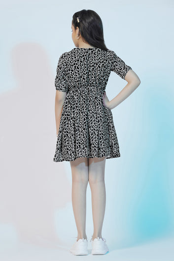 Girls Black Georgette Animal Printed Above Knee Length Dress