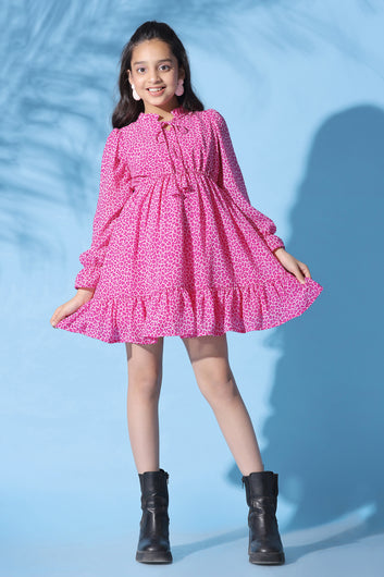 Girls Pink Georgette Animal Printed Above Knee Length Dress