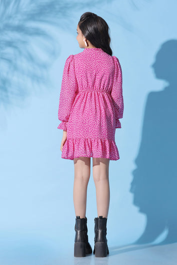 Girls Pink Georgette Animal Printed Above Knee Length Dress