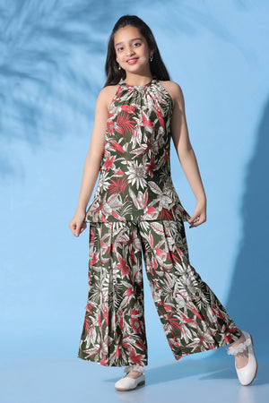 Girls Green Muslin Floral Printed Top With Palazzo Set