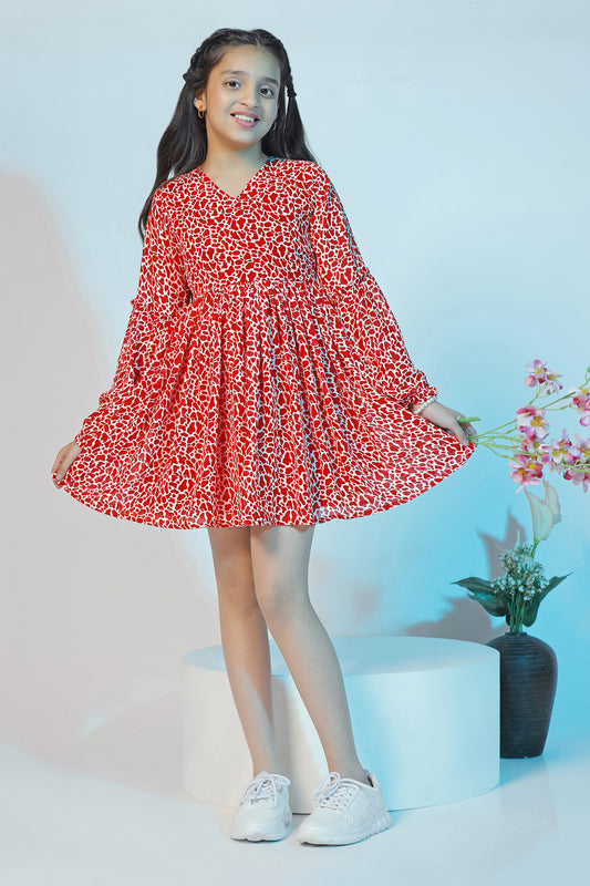 Girls Red Georgette Animal Printed Above Knee Length Dress