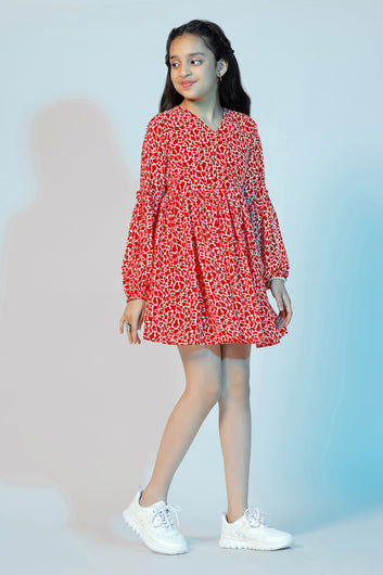 Girls Red Georgette Animal Printed Above Knee Length Dress