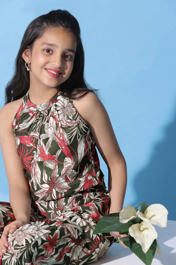 Girls Green Muslin Floral Printed Top With Palazzo Set
