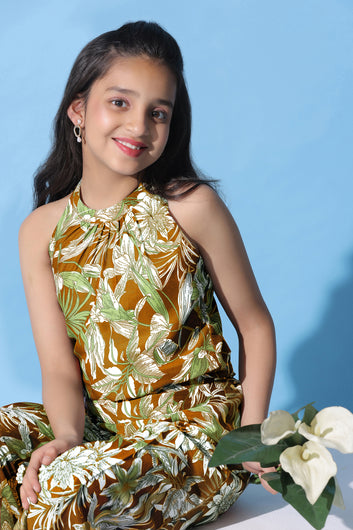 Girls Mustard Muslin Floral Printed Top With Palazzo Set