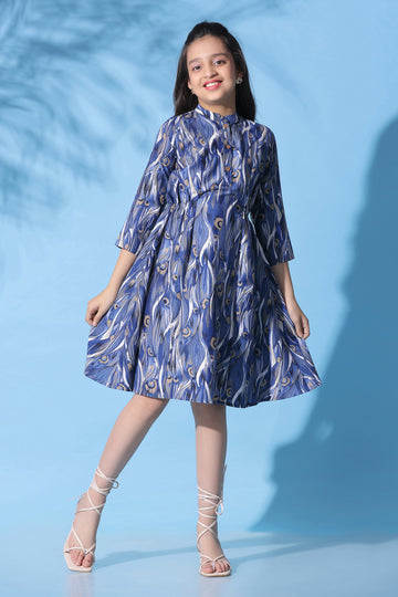 Girls Blue Muslin Abstract Printed A-line Knee Length Dress