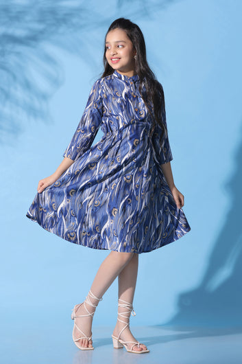 Girls Blue Muslin Abstract Printed A-line Knee Length Dress