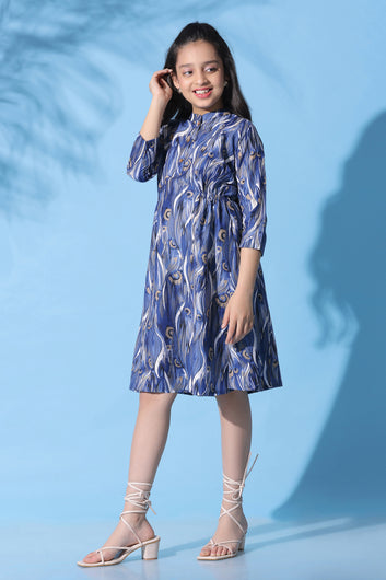 Girls Blue Muslin Abstract Printed A-line Knee Length Dress