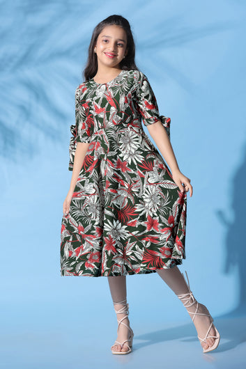 Girls Green Muslin Floral Printed Calf Length Dress