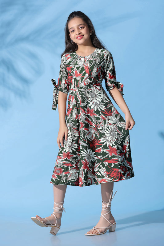 Girls Green Muslin Floral Printed Calf Length Dress