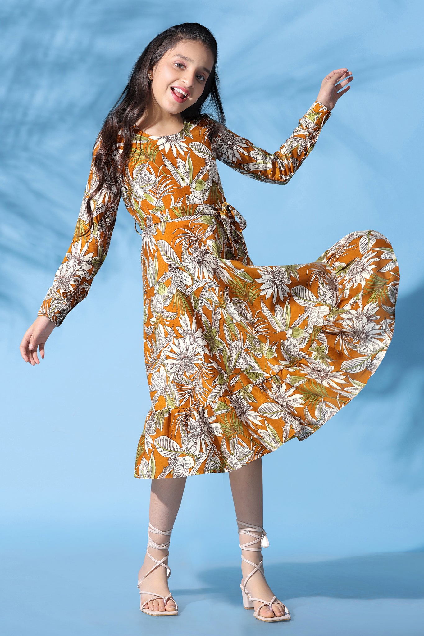 Girls Mustard Muslin All Over Printed Calf Length Dress