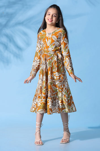 Girls Mustard Muslin All Over Printed Calf Length Dress