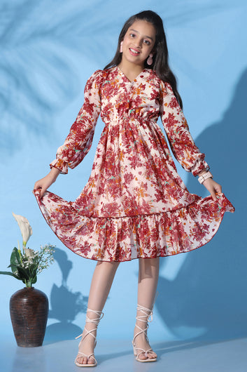 Girls Off White Georgette Floral Printed Fit And Flare Calf Length Dress