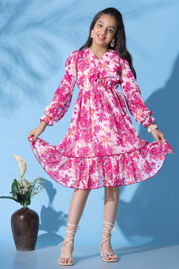 Girls Pink Georgette Floral Printed Fit & Flare Casual Midi Length Dress