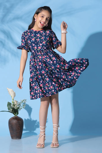 Girl's Dark Blue Crepe Floral Printed Ruffle Knee Length Dress
