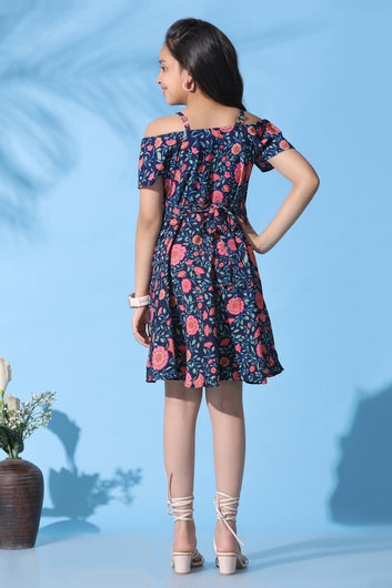 Girl's Navy Blue Crepe Floral Printed Fit and Flare Knee Length Dress