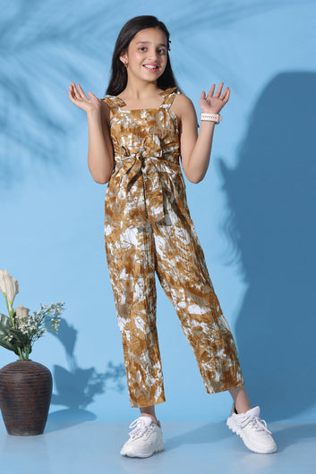 Girls Chikoo Sugarcane All-Over Printed Ankle Length Jumpsuit