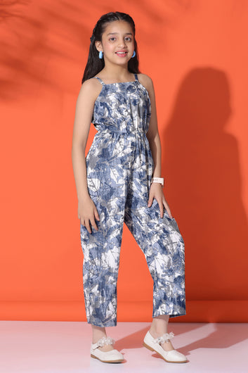 Girls Sky Blue Sugarcane All-Over Printed Ankle Length Jumpsuit