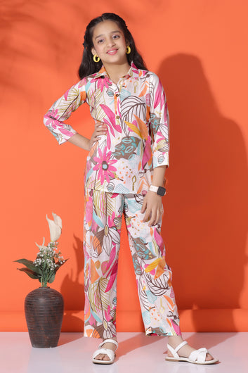 Girls Multicolor Capsule All Over Printed Top With Trouser Set