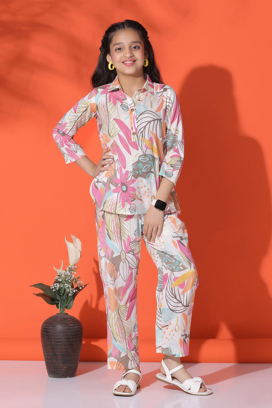 Girls Multicolor Capsule All Over Printed Top With Trouser Set