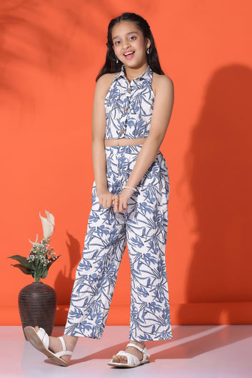 Girls Blue Sugarcane All Over Printed Top With Pant Set