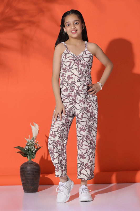Girls Mauve Sugarcane All-Over Printed Ankle Length Jumpsuit