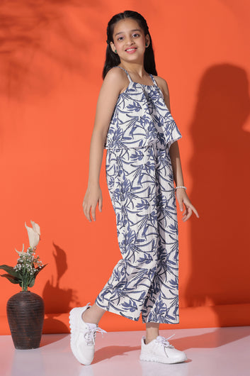 Girls Blue All-Over Printed Ankle Length Jumpsuit
