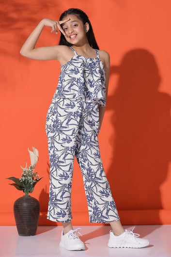 Girls Blue All-Over Printed Ankle Length Jumpsuit