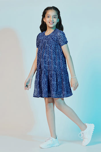 Girls Blue Georgette Animal Printed Above Knee Length Dress